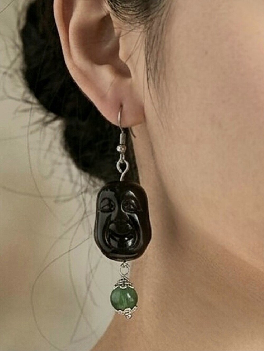 Handcrafted Black Happy Buddha Face Dangle Earrings with Green Beads